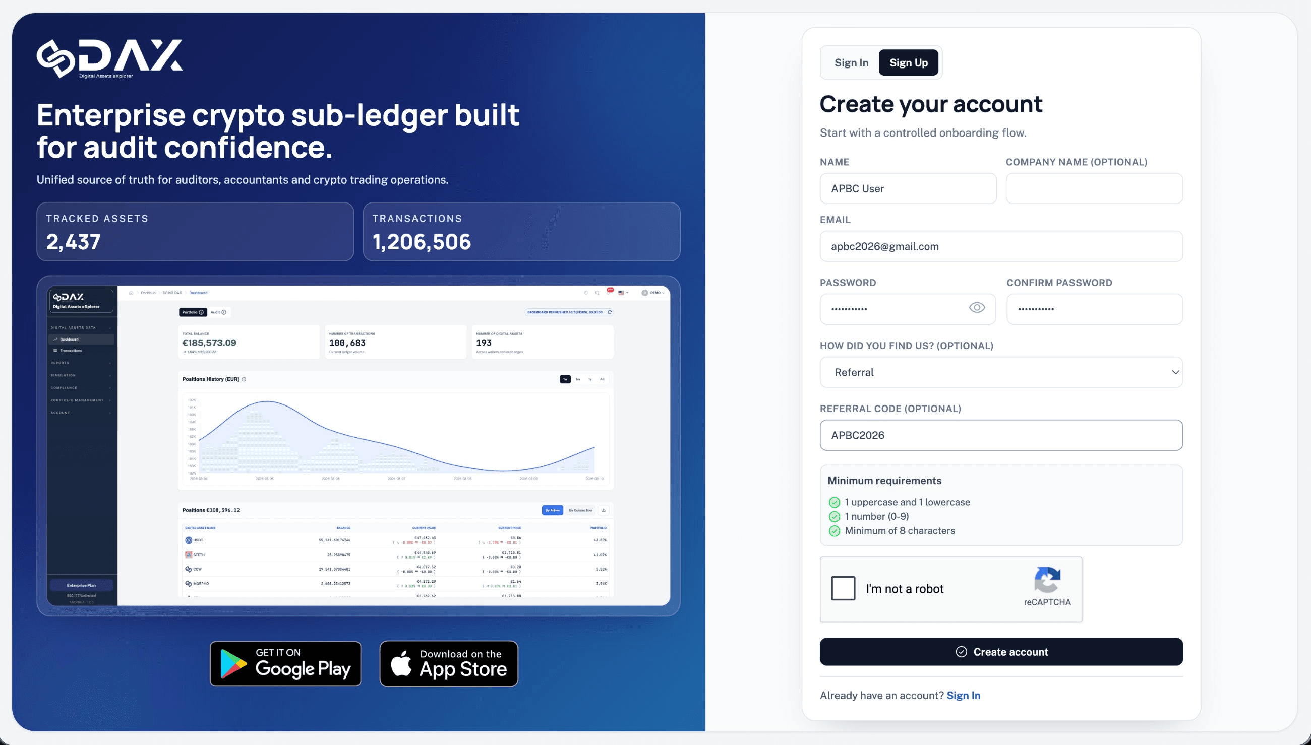 Sign-up DAX Ledger com código APBC2026